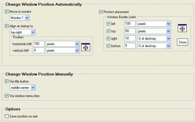 Position options available for a particular Specific Window rule